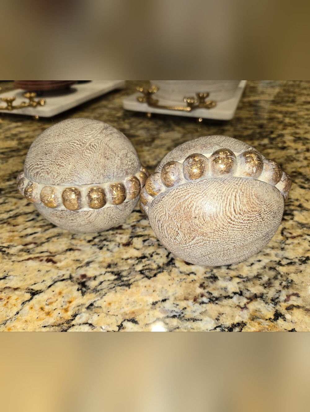 PIER 1 Decorative Wooden Textured Spheres with Gold Bead Accent